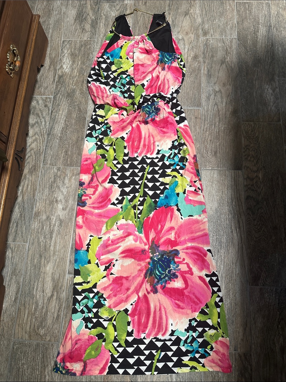 Bright Pink Floral Maxi Dress with Black Detail